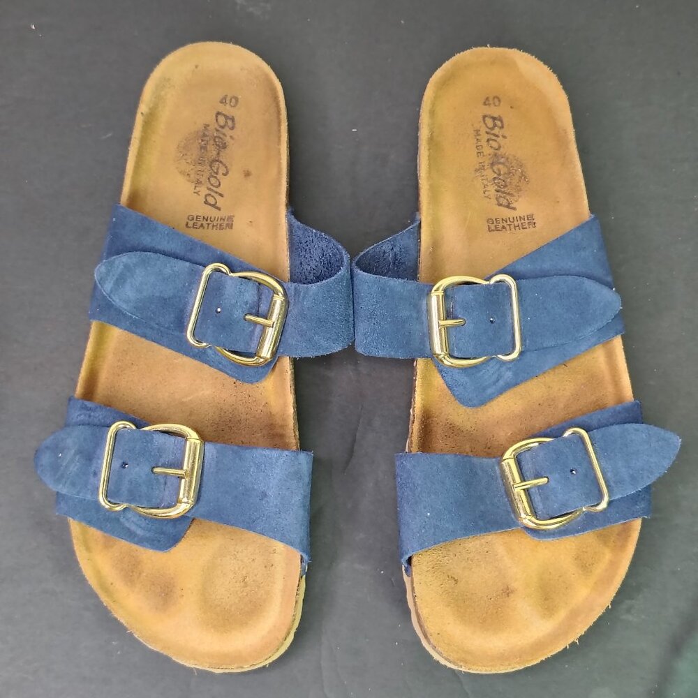Bio Gold Sandals Size 40 Blue Leather Double Buckle Strap Cork Womens 1276-f104